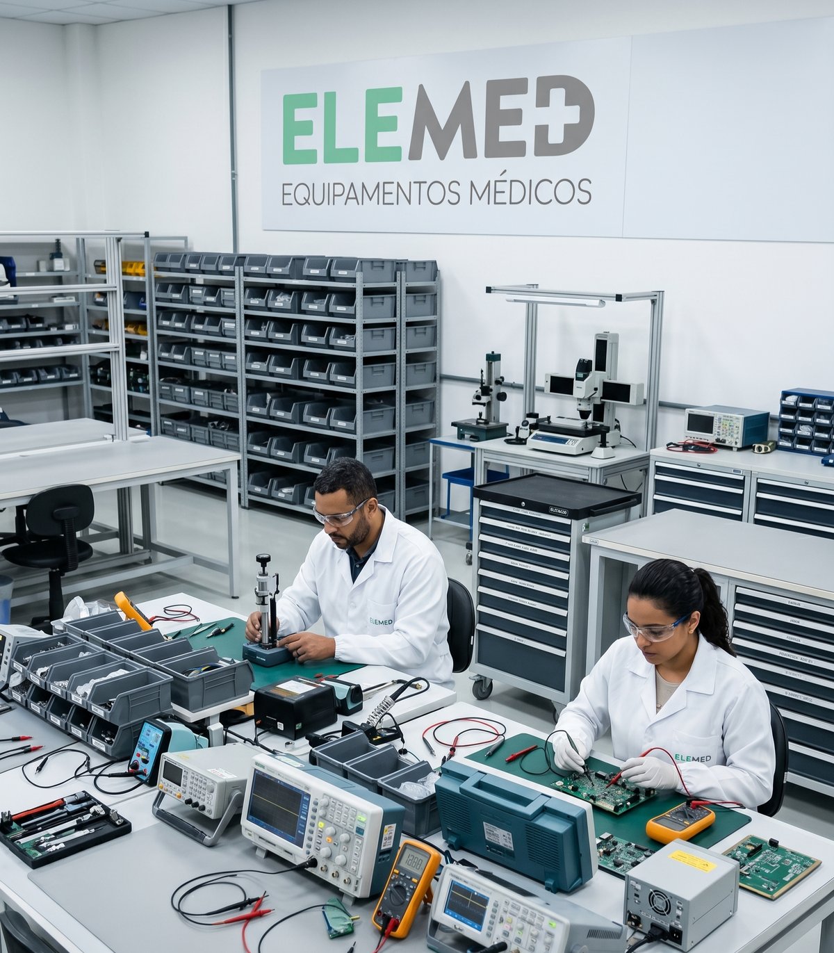 Técnicos Elemed em bancada de manutenção com equipamentos de teste, marca da empresa em destaque na parede