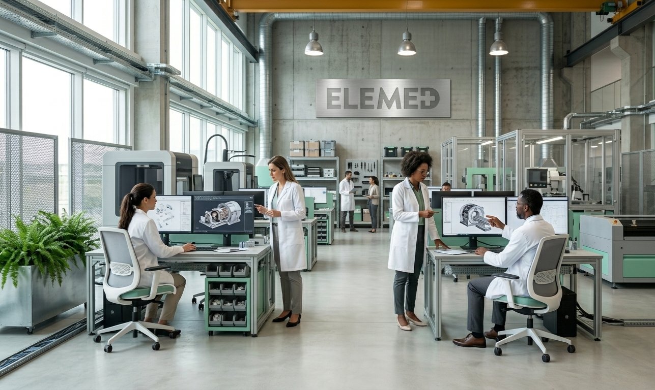Equipe Elemed em ambiente de engenharia, com a marca em destaque na parede do fundo