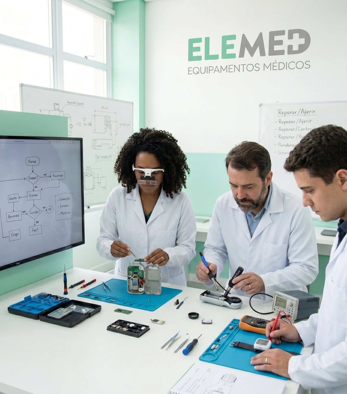 Equipe Elemed em ambiente de pesquisa e desenvolvimento, com a marca em destaque na parede